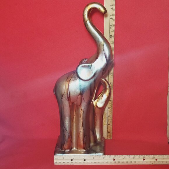 Gold Glazed Elephant Mom Baby Figurine Sculpture Long Legs Free Standing Statue - Picture 10 of 13